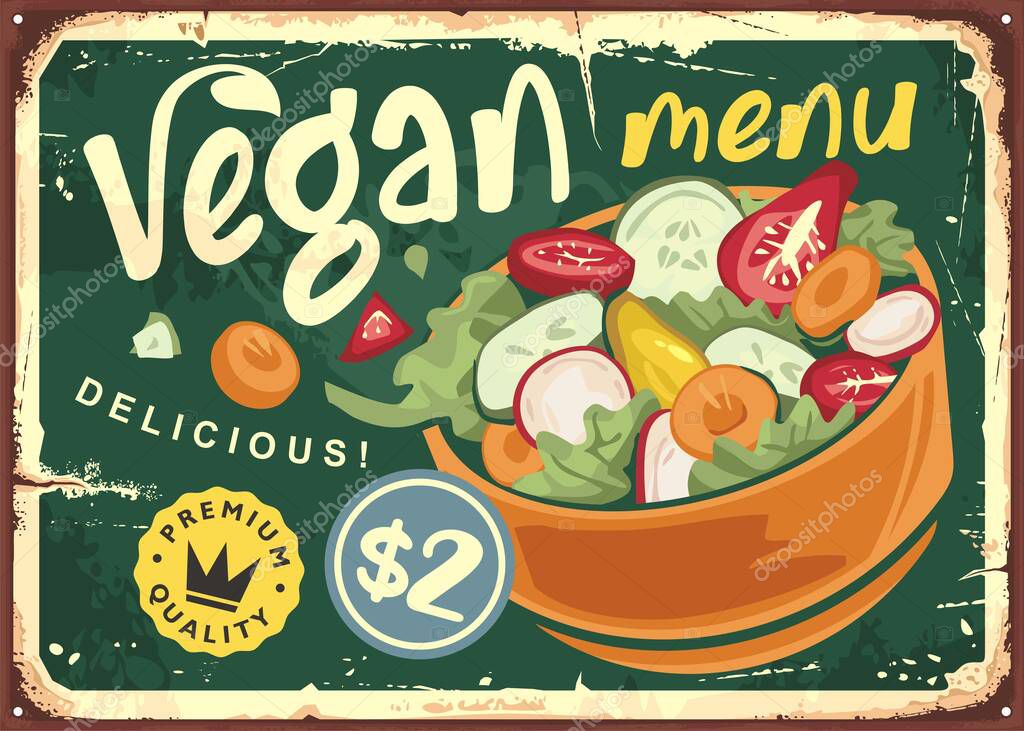 Vegan menu retro advertisement design with salad bowl full of healthy vegetables. Vintage vitamin food sign idea. Vector illustration.