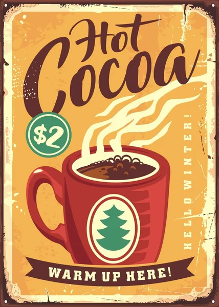 Warme Cacao Retro Reclame Met Lekkere Winterdrank Cacao Beker Vintage — Stockvector
