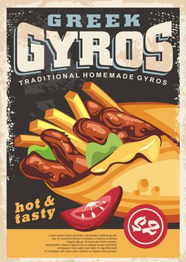 Geleneksel Yunan fast food yemeği için jiroskop posteri tasarımı. Patates kızartması, sıcak jiroskoplar ve tortilla ile retro poster fikri. Vektör besin örneklemesini kapat.