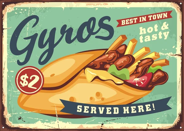 Gyros Metallo Vintage Segno Pubblicità Fast Food Ristorante Illustrazione Grafica — Vettoriale Stock