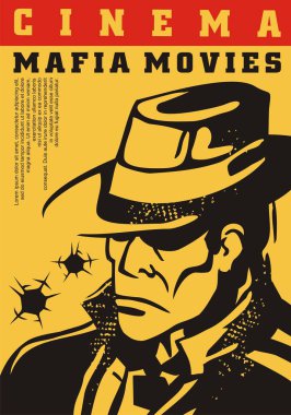Mafya filmleri, karanlık adam çizimleri olan kavramsal poster tasarımı. Sarı arka planda mafya üyesi grafikli sinema olayı ilanı. Sanatsal çizgi roman tarzı vektör çizimi.