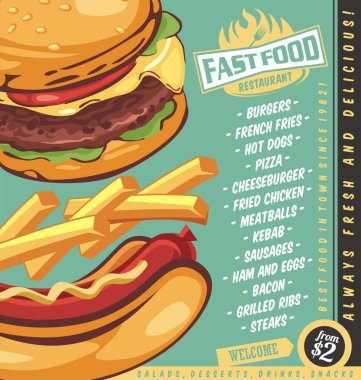 Atıştırmalık menü tasarımında hamburger, sosisli ve patates kızartması var. Fast food restoranının tanıtım broşürü. Gıda vektörü grafiği.