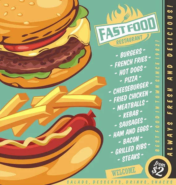 Snack Bar Menu Design Mock Met Hamburger Hotdog Frietjes Fast — Stockvector