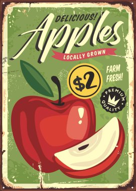 Taze organik meyveler için elma retro posteri. Yiyecek vektörü.