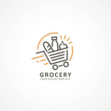 Market logosu tasarım şablonu ve alışveriş sepeti dolusu çeşitli ürünler. Ekmek, meyve, içecek serisi sanat logosu tasarımı fikri. Bakkal vektör sembolü.