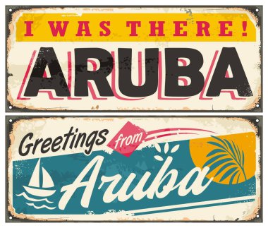 Aruba 'dan selamlar, geçmişe dönük hediyelik eşya tabelası. Tropikal temalı Aruba kartı tasarımları. Seyahat ve tatil vintage vektör işaretleri.
