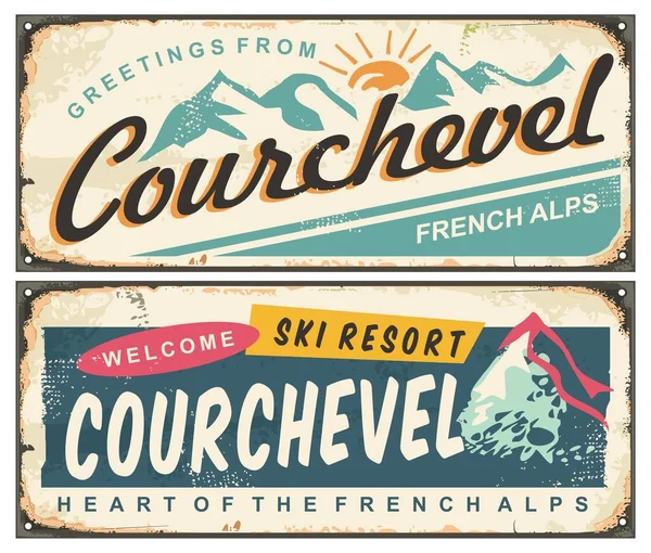 Courchevel Winter Holiday Destination Travel Tin Sign Ski Resort French — Stock Vector