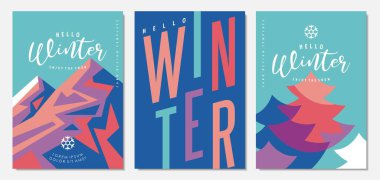 Kış manzaraları, kar taneleri, dağlar ve çam ağaçları ile çizilmiş. Kış sezonu tebrik kartları tasarım şablonu. Vektör pankartları ve kapakları.