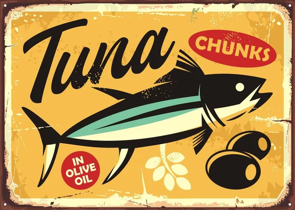 Grafische Illustration Des Thunfischvektors Thunfischkonserven Olivenöl Vintage Werbetafel Lebensmittel Retro — Stockvektor