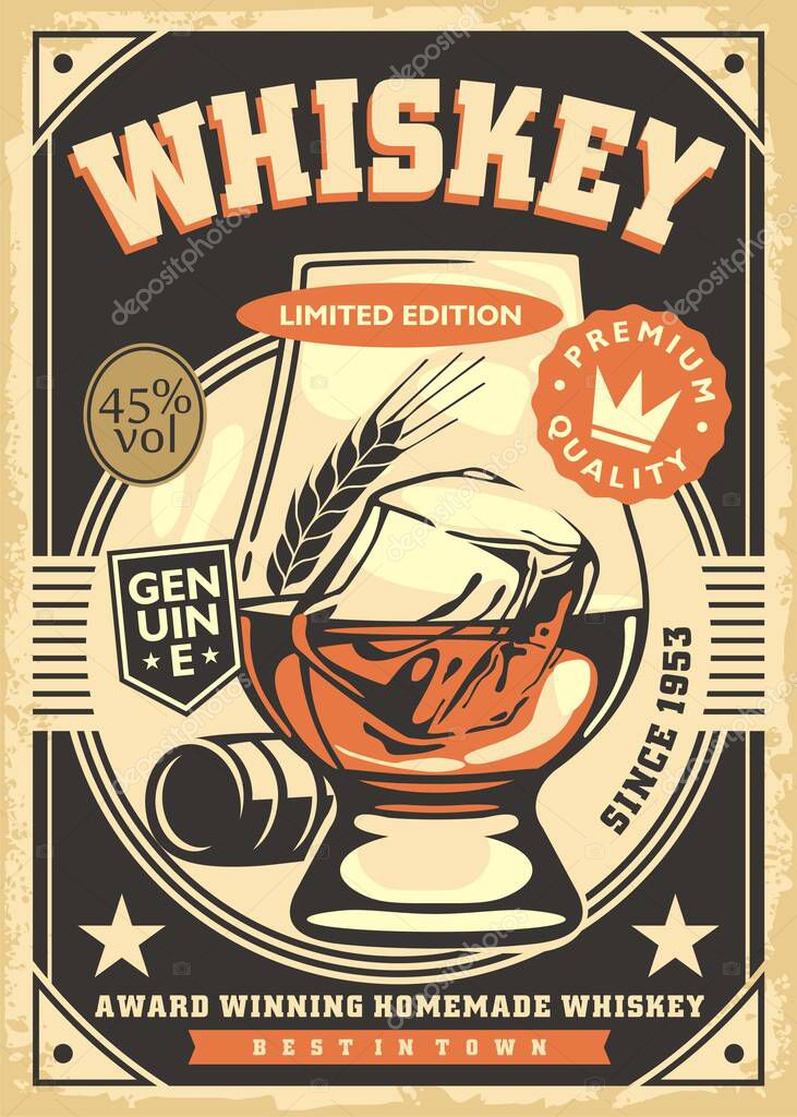 Whiskey glass promotional poster design. Drinks and beverages retro sign advertisement. Vector whiskey illustration.
