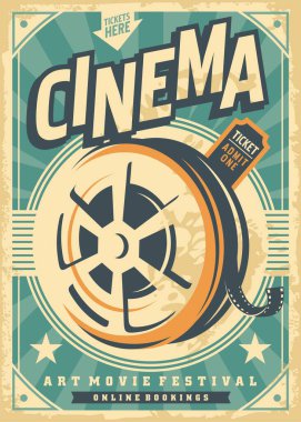 Sinema afişi, film makarası ve sinema bileti grafiği. Eğlence ve film endüstrisi için yaratıcı el ilanı fikri. Vektör illüstrasyonu. 