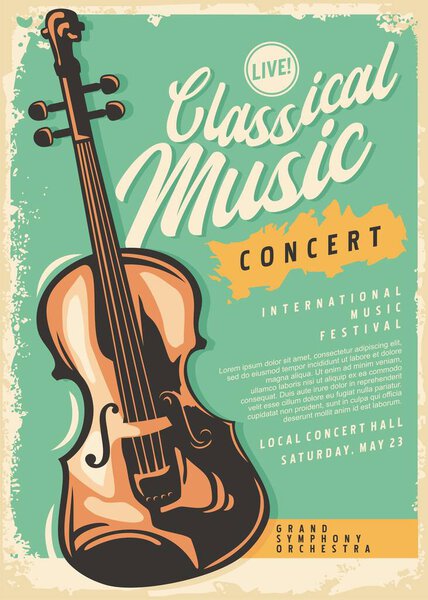 Violin vintage poster or billboard sign design on old paper texture. Classical music concert retro flyer vector template.  Music festival document layout.