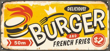 Lezzetli hamburger, teneke tabela reklamı. Fast food restoranı ya da çizgi film stili burger grafiği ve yaratıcı tipografisi olan lokanta için retroskopi. Vektör gıda çizimi.