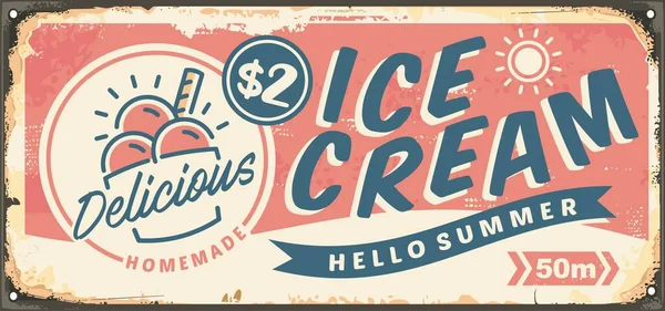 ピンクの背景にアイスクリームレトロな看板テンプレート ヴィンテージアイスクリーム広告 ベクトルフードイラスト — ストックベクタ