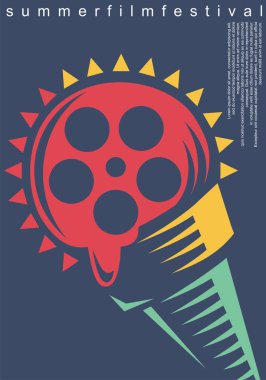 Summer film festival conceptual artistic poster template with sun, ice cream in a cone and film reel. Entertainment vector flyer. Cinematography theme. clipart