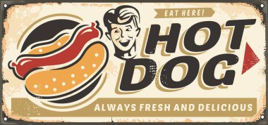 Hot dog street food restaurant sign post. Retro inscription with fast food graphic and happy young man portrait. Vector hotdog illustration. clipart