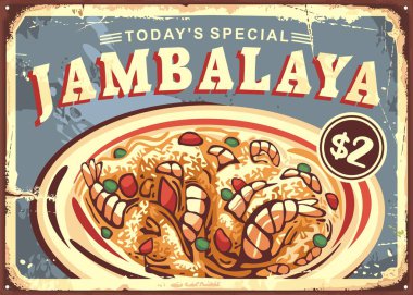 Jambalaya 'nın eski metal dokusu üzerine retro reklamı. Geleneksel Louisiana yemeği karides, pirinç, sosis ve baharatlı. Klasik restoran vektör tasarımı.