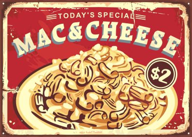Mac ve peynir retro restoran reklamı. Peynirli makarna ile promosyon poster tasarımı. Eski kırmızı tabela dokusunda makarna yemeği. Gıda vektörü illüstrasyonu.