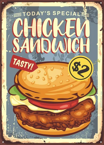 鸡肉三明治促销媒介招贴画设计模板 古色古香的食物图上的旧锡符号质感 炸鸡肉和糕点面包 复古广告 — 图库矢量图片