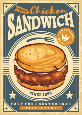 Fast food restoranının günlük menü tasarımı konsepti ve retro kağıt dokusunda tavuklu sandviç grafiği. Yemek vektör çizimi. Klasik poster..