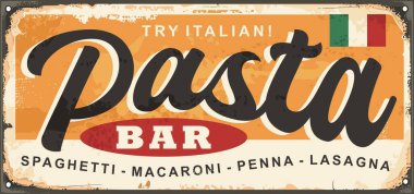 Makarna barı lezzetli İtalyan yemeği retro reklam menüsü tabelası. İtalyan mutfağı spagetti, makarna, lazanya ve penna reklamı. Vintage vektör restoran işareti. 