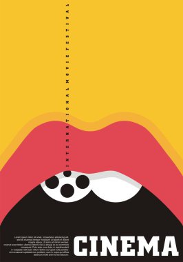 Sinema festivali için pop sanat tarzı kavramsal poster tasarımı. Sinema etkinliği yaratıcı fikri film makarası ve ağzı açık.. 