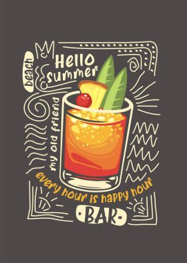 Summer print for t-shirt with exotic cocktail illustration. Apparel print vector design summer beach bar.