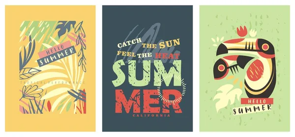 流行的T恤图案与夏季花卉元素 标语和可触摸的鸟 服装和服装的印刷布局 矢量纺织品印花 — 图库矢量图片