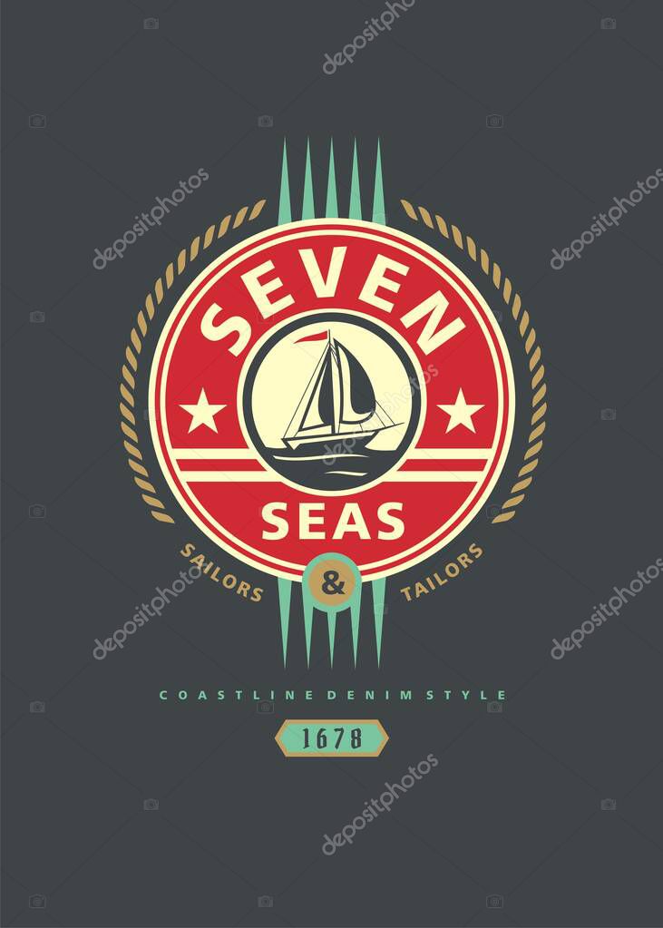 Sail on the seven seas vintage tee shirt design template. Apparel print layout with coastline scene and sail boat. Navy style vector print layout.