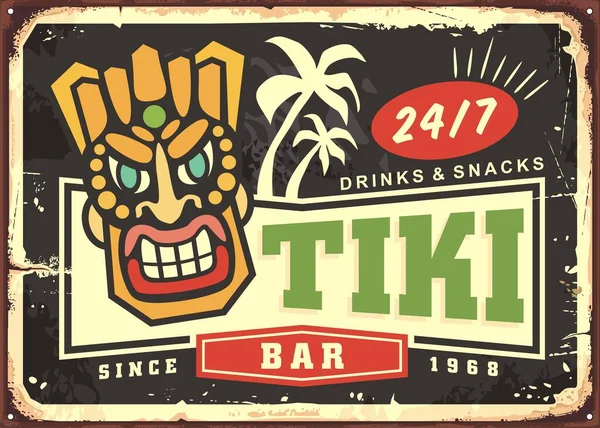 Tiki Bar Inscription Signe Design Avec Masque Tiki Indigène Palmiers — Image vectorielle