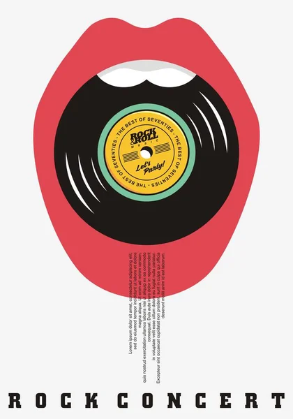 摇滚音乐会艺术海报设计 张嘴和乙烯唱片概念海报艺术为音乐活动 摇滚音乐会的矢量传单 — 图库矢量图片
