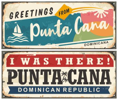 Dominik Cumhuriyeti 'nden Punta cana retro tebrik kartı tabelası. Seyahat ve tatil, tropikal varış noktalarına vintage işaretler konuldu. Dominicana vektör illüstrasyonu.