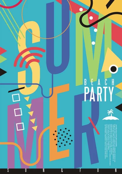 カラフルな形状 文字やベクトルのデザイン要素と夏のパーティーバナーや招待状カードテンプレート ビーチパーティーのための面白い遊び心のあるポスターデザイン — ストックベクタ