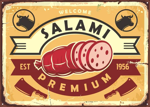 Salami Retro Sign Design Köttkorv Vintage Annons Illustration Livsmedelsvektor — Stock vektor
