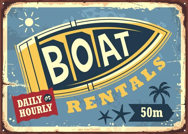 Noleggio Barche Vintage Spiaggia Segno Annuncio Modello Retro Segno Noleggiare — Vettoriale Stock