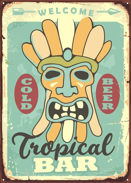 Παλιά Vintage Πινακίδα Για Τροπικό Beach Bar Γραφική Μάσκα Tiki — Διανυσματικό Αρχείο