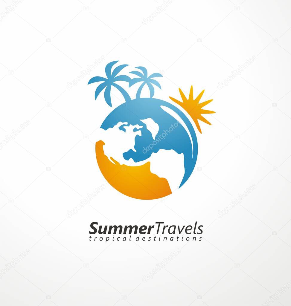 Logo design concept for travel agency with earth globe, palm trees and sun shape. Rounded logo idea for tropical summer destinations. Vector symbol.
