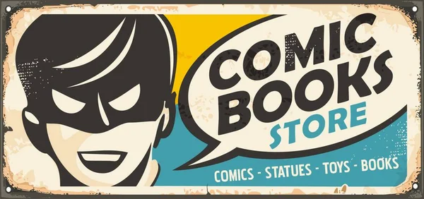 Retro Signshop Voor Stripwinkel Met Gemaskerd Heldenportret Vintage Comic Stijl — Stockvector