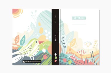 Notebook cover design with colorful landscape and bird. Vector template design perfect for notebooks, planners, brochures or catalogs.