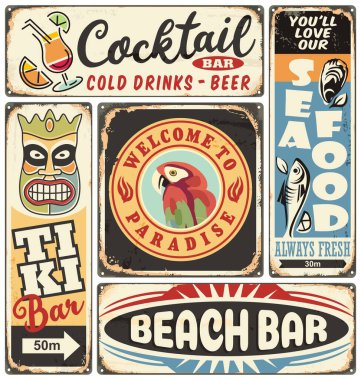 Tropik kafe ve sahil bar tabelaları koleksiyonu. Retro posterler şablonu. Vektör illüstrasyonu.