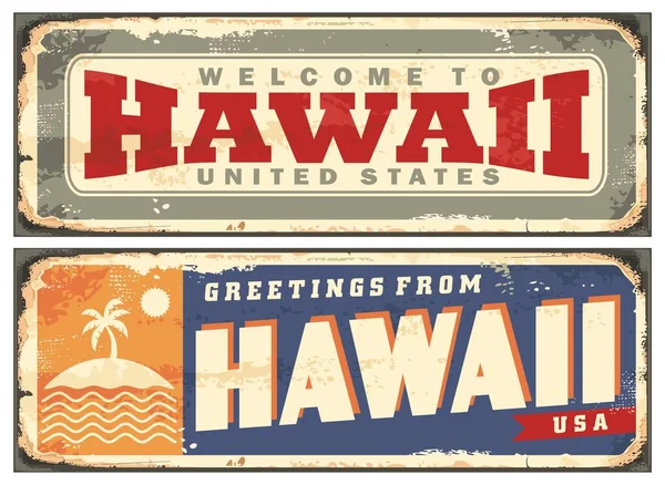 欢迎来到夏威夷复古铁罐签名纪念品 病媒旅行和度假图像 — 图库矢量图片