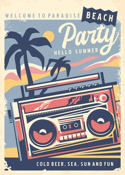 カセットレコーダーグラフィック カセットプレーヤーとヤシの木とレトロな夏のビーチパーティーのポスター 音と音楽ベクトル招待状 — ストックベクタ