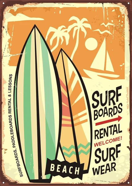 Pranchas Surf Aluguel Equipamentos Surf Propaganda Praia Retro Sinal Vetor — Vetor de Stock