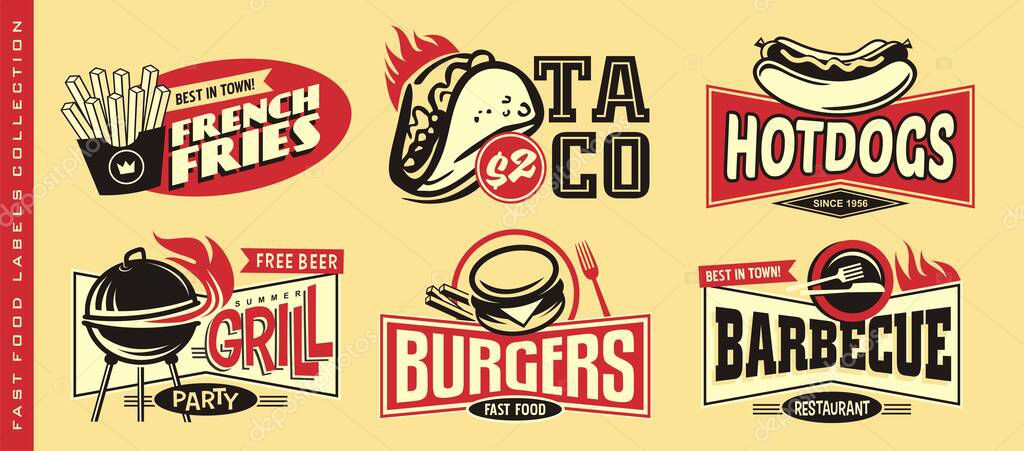 Set of fast food restaurant labels and logos. Vector burgers and hot dogs stickers. Barbecue and grill emblems.