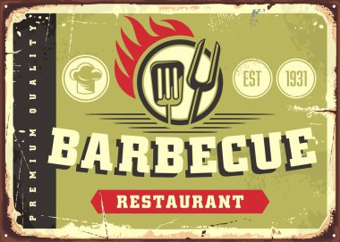 Barbecue restaurant old antique sign template. Food vector illustration. Retro poster.