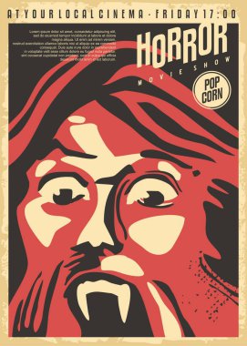 Scary werewolf with sharp canines horror poster design layout. Vintage advertisement for cinema event. Vector movie illustration.