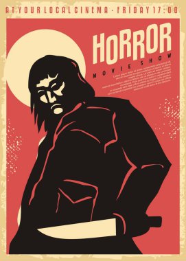 Silhouette of cold blooded killer holding a big knife. Retro horror poster design for cinema movie show. Vintage illustration on old paper texture.