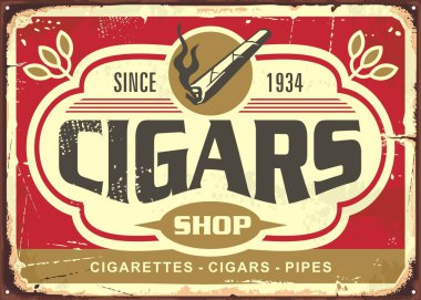 Puro ve tütün retro teneke tabela şablonu. Vintage vektör illüstrasyonu.