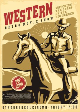 Cowboy riding his horse, retro poster design idea for western movies festival. Vintage cinema flyer with horse rider. Vector illustration. clipart