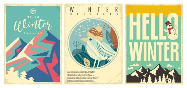 Kış sezonu afişleri ve poster tasarımları. Kış tatilleri için yaratıcı vektör grafiği.